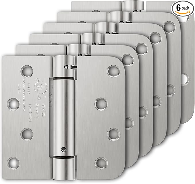 Luxbaro 6 Pack Self Closing Door Hinges, 4 Inch Spring Loaded Hinges with Square & 5/8'' Radius Corners, Adjustable Tension for Garage, Front Door, for Left and Right Hand Door, UL Listed
