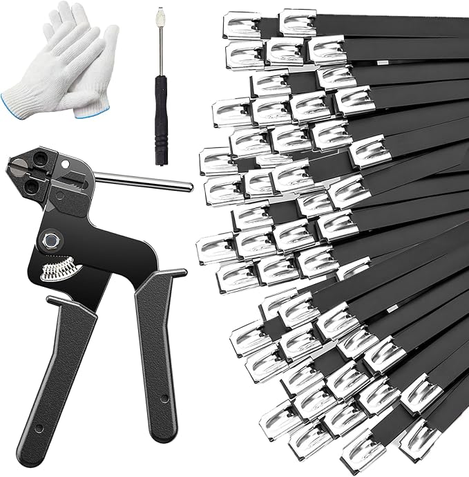 150PCS 11.8Inch 304 Steel Cable‑Ties Kit with Gun, Screwdriver & Gloves | High‑strength 304‑steel zip ties provide long‑lasting secure fastening for outdoor‑fence installations.