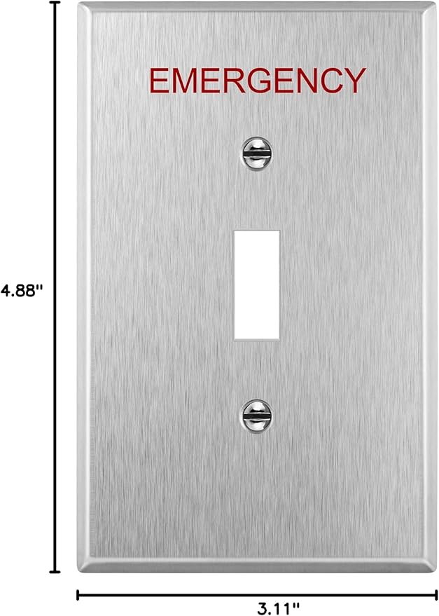 ENERLITES Toggle Light Switch Metal Cover Plate with Emergency Label, Stainless Steel Wall Plate, Corrosion Resistant, Mid-Size 1-Gang 4.88" x 2.11", 430 Stainless Steel, 7711M-E, Silver