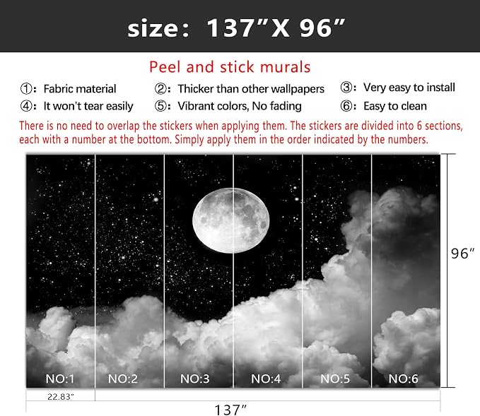 YIHWM-Peel and Stick Galaxy Wallpaper Moon Clouds Black Starry Sky Mural | Tear-resistant,with a substantial feel;Will not be damaged during repositioning.Boy's Room,kids room wallpaper.L-137"x96"