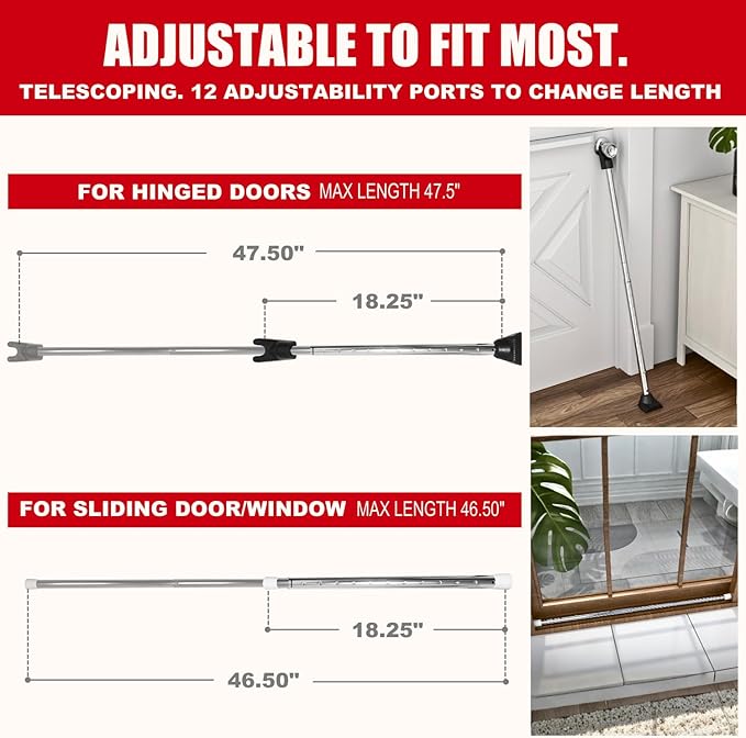 SECURITYMAN 3-in-1 Door Security Bar, Security Door Stoppers & Door Barricade – Heavy Duty Adjustable Iron Security Lock Bar for Home Defense, Apartment & Travel Safety (1 Pack - Chrome)