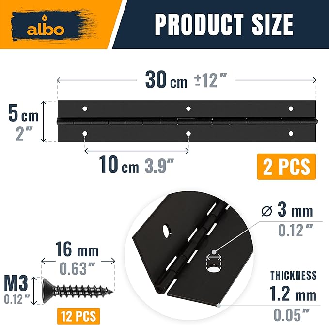 ALBO 12 Inch Black Heavy Duty Piano Hinge Continuous Stainless Steel 304 (2-Pack), Surface Mount Cabinet Hinges Matte Black 12"x2" for Tool Box, Small Chest, Jewelry Box, Display Case, Rustproof