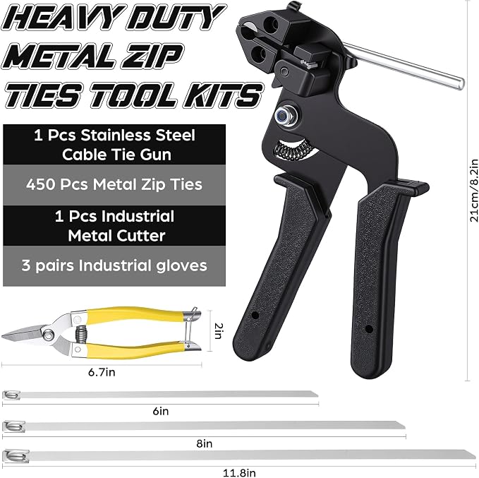 455 Pack Stainless Steel Cable Tie Gun Kit, 450 Pcs 6/8/11.8 Inch Metal Zip Ties (150 of Each), Adjustable Fastening and Cutting Tools for Fence, Chain Link Fence, Pipe, Industrial Use