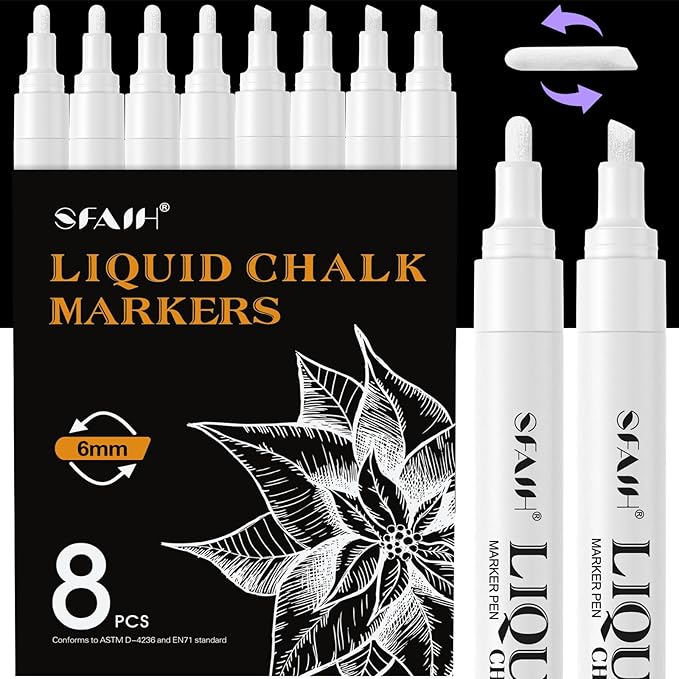 SFAIH Liquid Chalk Markers for Blackboard - White 8 Pack 6mm Reversible Tip, Wet Erase Chalk Marker for Chalkboard, Menu, Bistro, Signs, Windows, Glass, Labels, [1s Wet Wipe] - No Residue