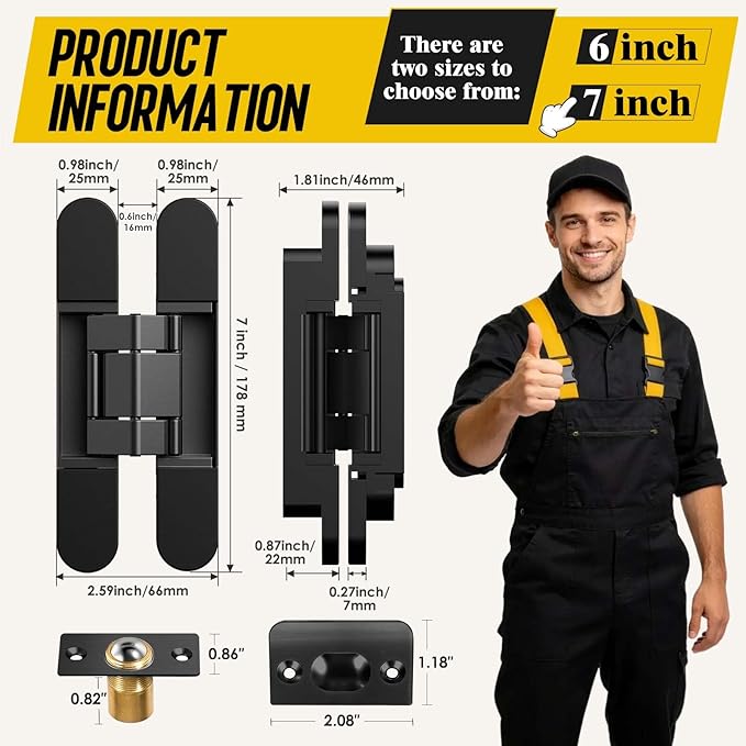 6inch Hidden Door Hinge,Concealed Hinges,Hidden Door Hardware kit,Invisible Door Silent 180 Degree Swing Hinge 3-Way Adjustable Butt 6 x 2.5 x 1inch (Black, 7 inches)