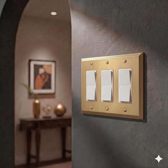 Rio Salto BRASS Rocker Light Switch Cover Plate 3 Gang Decorator Paddle GFCI Triple Switch Plate Brushed Gold Metal Outlet Covers Decorative Wall Plates — Deco Collection, Standard Size, 4.50" X 6.33"