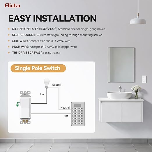 AIDA 1 Pack Single Pole Rocker Decora Light Switch, 15 Amp Self-grounding Electrical Light Switches, Residential Grade, UL Listed, Glossy White