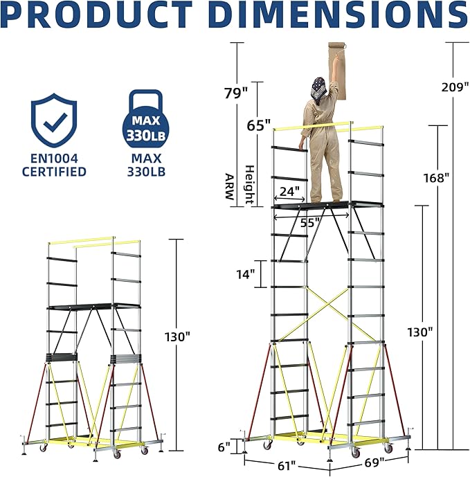 APARECIUM 14‘ Aluminum Scaffold Tower, Multipurpose Rolling Scaffolding Work Platform, Utility Scaffolding Tower, Adjustable Work Platform with Hatch Deck and Guard Rail, 500 Lbs Duty Rate