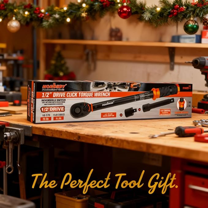 HORUSDY 1/2-Inch Drive Click Torque Wrench Set – 10–170 ft-lb / 13.6–230.5 Nm, ±3% Precision, Dual Scale, 72-Tooth Reversible Head with 5" Extension & Adapter for Car, Tire, and Motorcycle Use