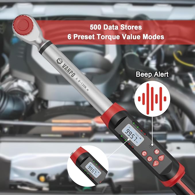 VANPO Digital Torque Wrench 1/2-Inch Drive 5-99.5 ft-lbs./6.8-135Nm, Electronic Torque Wrench with Preset Value, Buzzer and LED Notification, ±2% Accuracy for Moto, Car