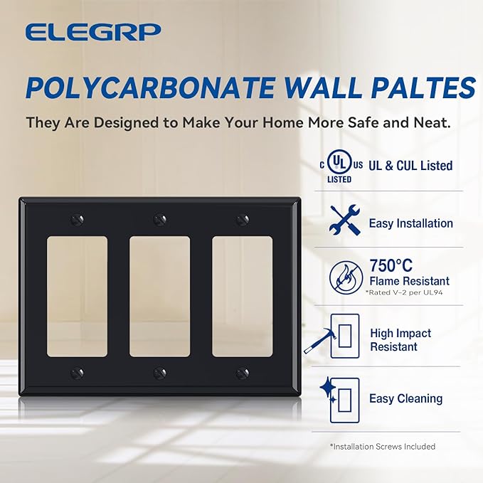 ELEGRP 3-Gang Decorative Wall Plates, Standard Size 4.88" H x 6.75" L Unbreakable Thermoplastic Faceplate Cover for Decorator Receptacle Outlet Switch, UL Listed (10 Pack, Glossy Black)