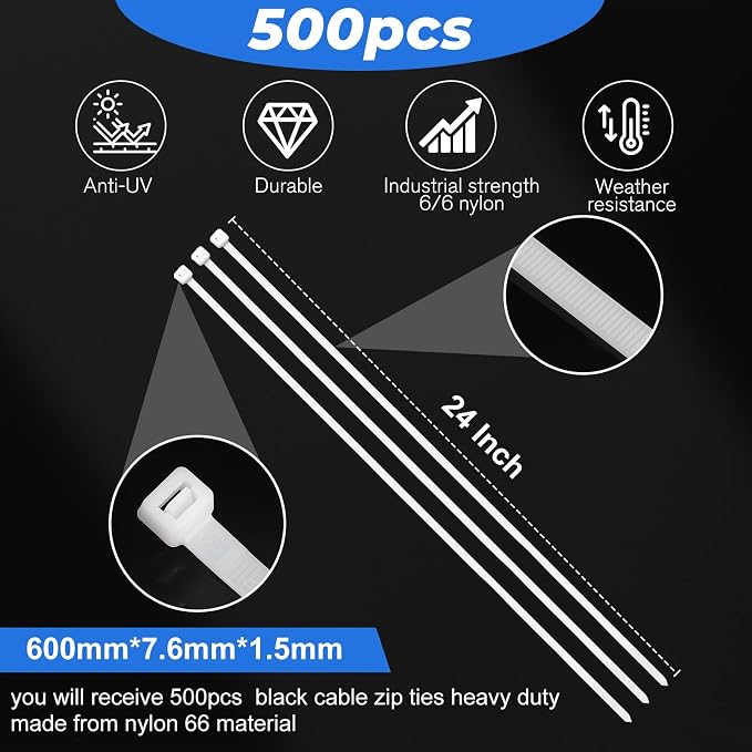 Shappy 500 Pack Long Zip Ties Heavy Duty, Ultra Exclusive Strong Cable Ties Large Industrial Electrical for Indoor Outdoor Plastic Wraps(White,24 Inch)