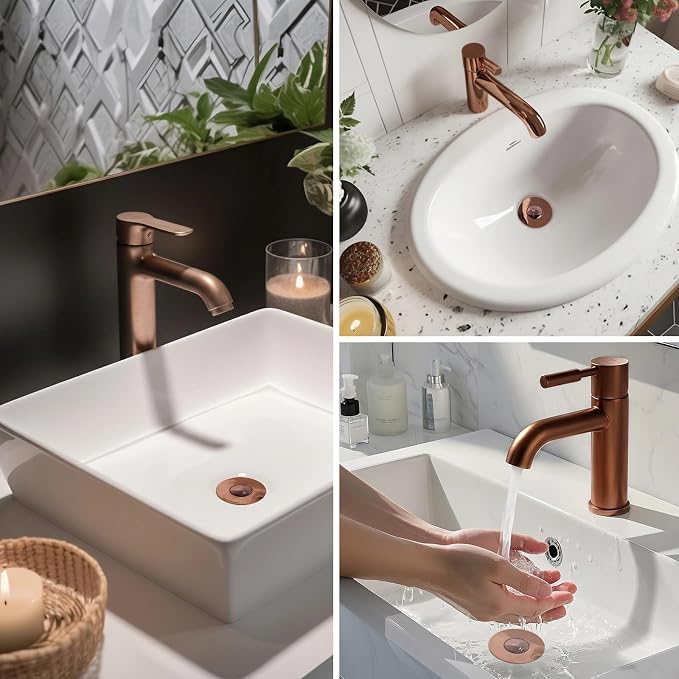 Hibbent 3 Pack 3 in 1 Bathroom Sink Drain Strainer, Universal Pop Up Stopper with Removable Stainless Steel Filter Basket Hair Catcher, Sink Plug for 1.1''~2.36'' Basin, Brass Bullet Core, Rose Gold