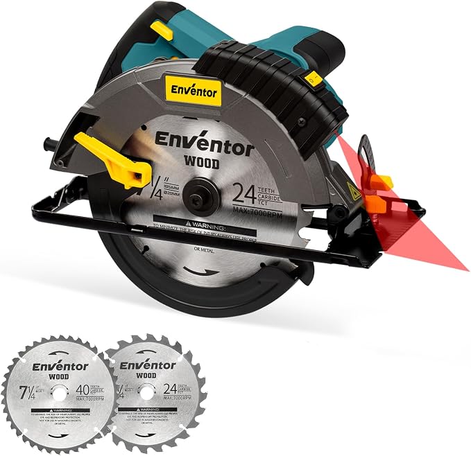 Enventor Circular Saw Corded, 14A Electric Circular Saws 7-1/4-Inch with Laser Guide, 2 Blade Saws (40T/24T), Max Cutting Depth 2-7/16"(90°), 1-13/16"(0°-45°), Single Handed Bevel, 5500RPM, Blue