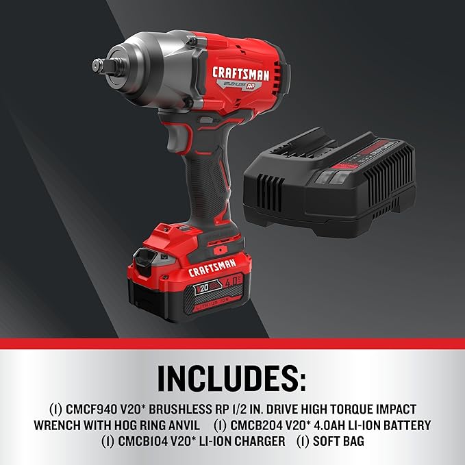 CRAFTSMAN V20 RP Impact Wrench, Cordless, Brushless, High Torque, 1/2 Inch, 4Ah Battery and Charger Included (CMCF940M1)