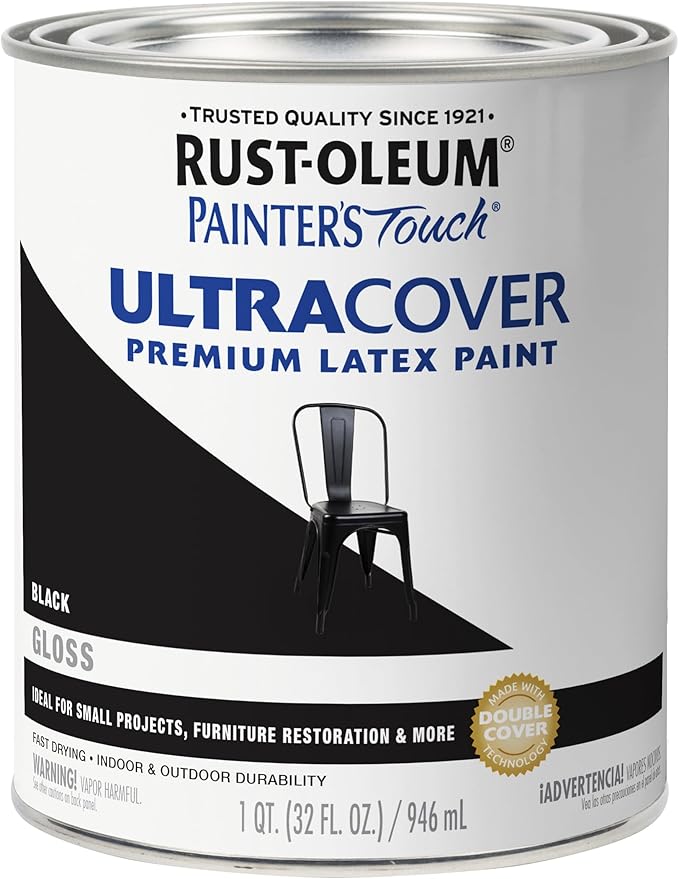 Rust-Oleum 1979502 Painter's Touch Latex Paint, Quart, Gloss Black, 1 Quart, (Pack of 1)