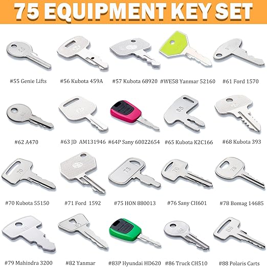 75 Non-Duplicated Heavy Equipment Key Set, Construction Equipment Ignition Master Keys fits CAT Caterpillar Bobcat JCB John Deere Case Kubota Volvo Komatsu Takeuchi Hyster Jlg Yanmar