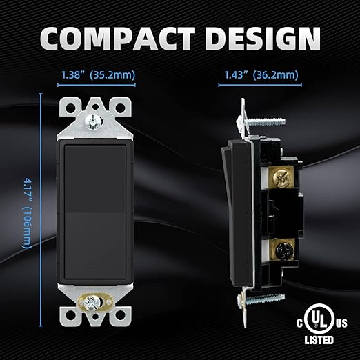 ELEGRP Matte Black 3 Way Decorative Light Switch, 15Amp, 120-277 Volt, AC Decorator Rocker Paddle Wall Switch Replacement, Self-Grounding, Residential and Commercial Grade, UL Listed (5 Pack)