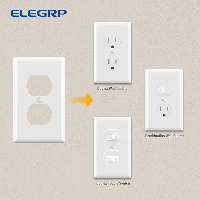 ELEGRP Duplex Receptacle Outlet Covers, 1-Gang Standard Size Wall Plates, Unbreakable Polycarbonate Dual Outlet Faceplates Covers, UL Listed, Color-matched Screws Included (50 Pack, Glossy White)