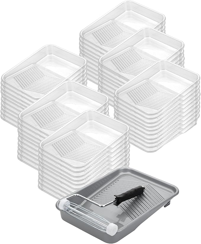 Bates- Paint Tray Set, 9 Inch, 62 pcs, 1x 9 Inch Paint Tray Liners, 60x Disposable Plastic Liners & 1x Roller Frame