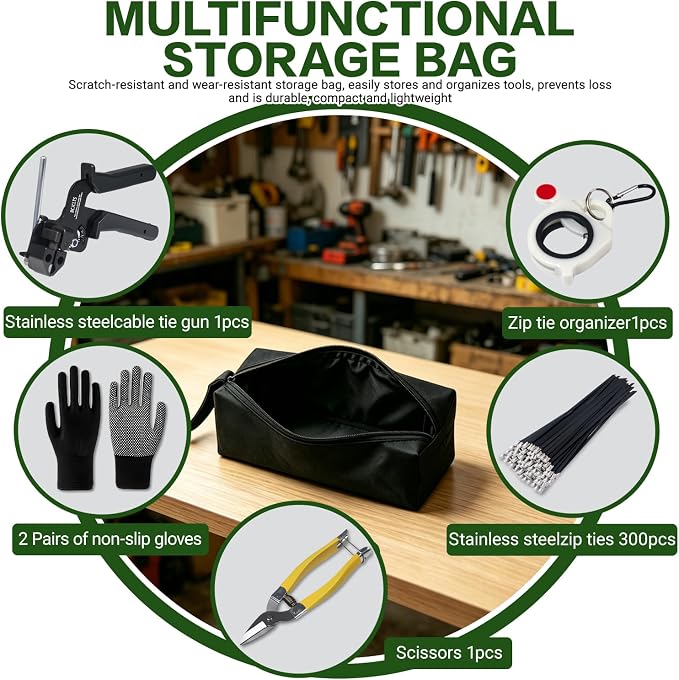 Metal Zip Ties Gun Kit, with 300pcs Uv Resistant Metal Zip, Heavy Duty Adjustable Fastening Cutting Tie Tool Sets，for Chainlink Fence,Exhaust Pipe, Chicken Coop, Farm Use.