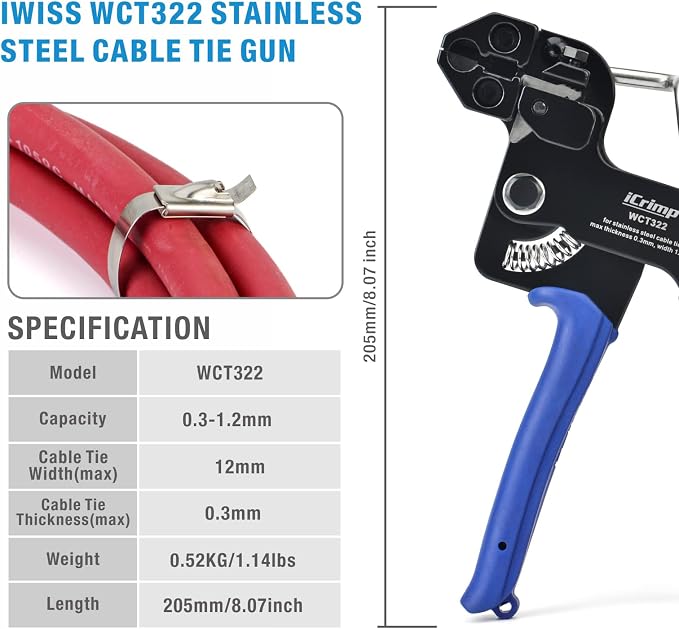 IWISS WCT322 Stainless Steel Cable Tie Gun Kit for Fastening and Cutting up to 12mm Width Metal Zip Ties, c/w 100 Pieces Stainless Steel Cable Zip Ties, Zip Tie Gun