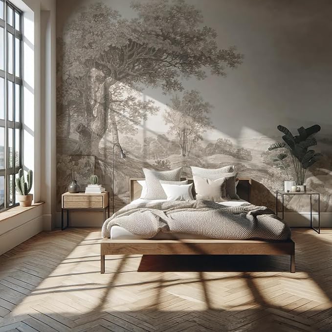 YQWDMX - Beige Forest Peel and Stick Wallpaper Jungle Self-Adhesive Mural for Bedroom ZY16 XL