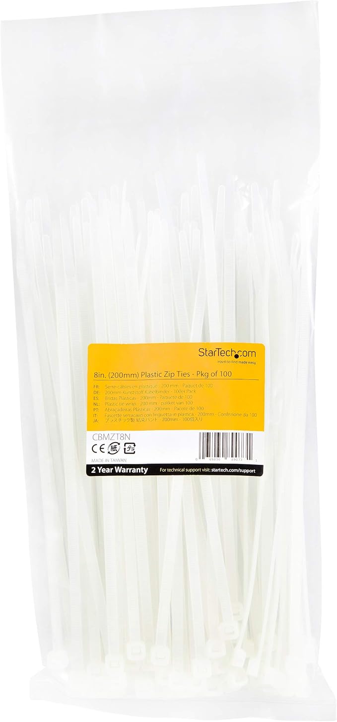 StarTech 8"(20cm) Cable Ties, 94V-2/UL Listed, White, TAA (CBMZT8N) | 1/8"(4mm) wide, 2-1/8"(55mm) Bundle Diameter, 100 Pack, 50lb(22kg) Tensile Strength, Self Locking Zip, Curved Tip