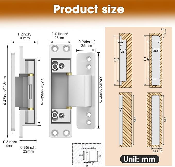 4.5" Hidden Door Hinge/Concealed Hinges,Invisible Hinges,Invisible Door Silent Door Hinge 110 Degree Swing Hinge 2-Way Adjustable Butt Hinge 4.5 x 2 x 1 (2, White)
