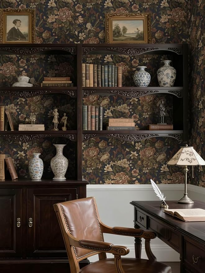 Dimoon Vintage Peel and Stick Wallpaper Dark Blue Floral Contact Paper 16.1"x78.7" Retro Victorian Dark Academia Wallpaper for Bedroom Moody Cottage Core Wall Paper Removable Waterproof Vinyl Roll