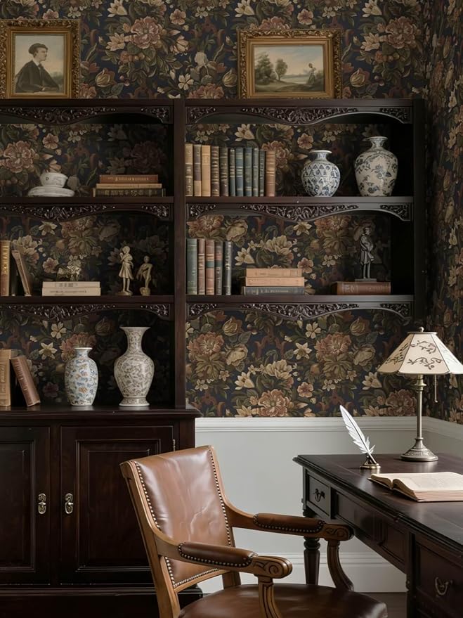 Dimoon Vintage Peel and Stick Wallpaper Dark Blue Floral Contact Paper 16.1"x393" Retro Victorian Dark Academia Wallpaper for Bedroom Moody Cottage Core Wall Paper Removable Waterproof Vinyl Roll