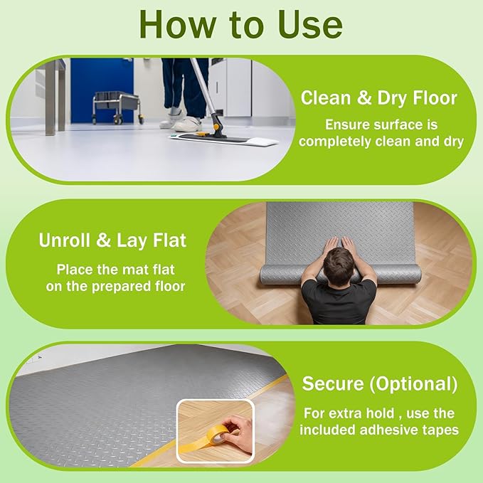 8x20 FT Garage Floor Mat, 2.8mm Thickened Flooring Roll for Under Car Diamond Plate PVC Rubber Mat with 20 Pcs Tapes, Non-Slip Floor Mat for Garage, Warehouse, Gyms, Trailer,Grey