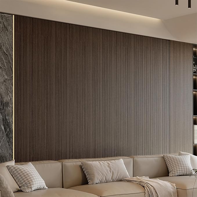 YU LI 3DH Peel and Stick PVC Slat Wall Panel 118"x15.75" Self-Adhesive Thick Faux Smoked Wood Grain Wallpaper Panel 3D Soundproof Wall Panels for Walls & Ceilings