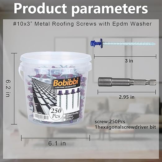 Metal Roofing Screws 10 x 3 inch, Blue Hex Head Sheet Metal Roof Screw with EPDM Washer for Corrugated Roofing (250Pcs)