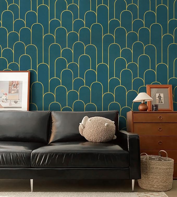 Yasinet Peel and Stick Wallpaper Green and Gold Wallpaper Dark Green Contact Paper Modern Geometric Removable Self Adhesive Wall Paper for Bedroom/Cabinet Waterproof for Bathroom Vinyl 17.3''x118''
