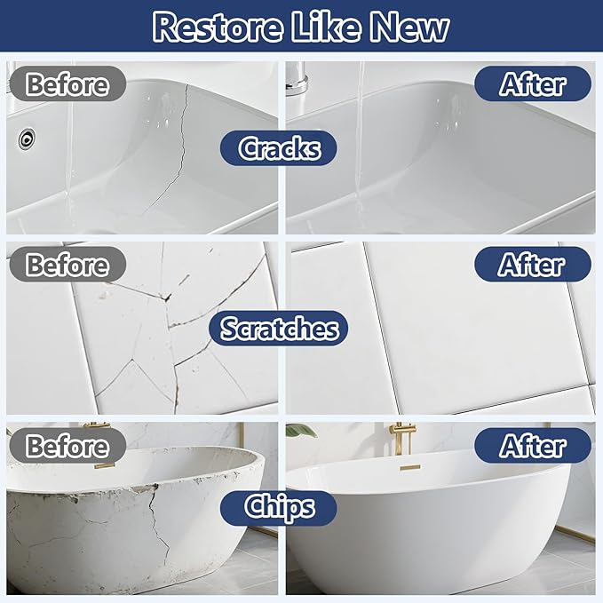 Kalolary Tub and Fiberglass Shower Repair Kit, 3.6oz Porcelain Repair Kit, Porcelain Sink and Acrylic Bathtub Repair Kit for Cracks Chips Dents Scratches Holes