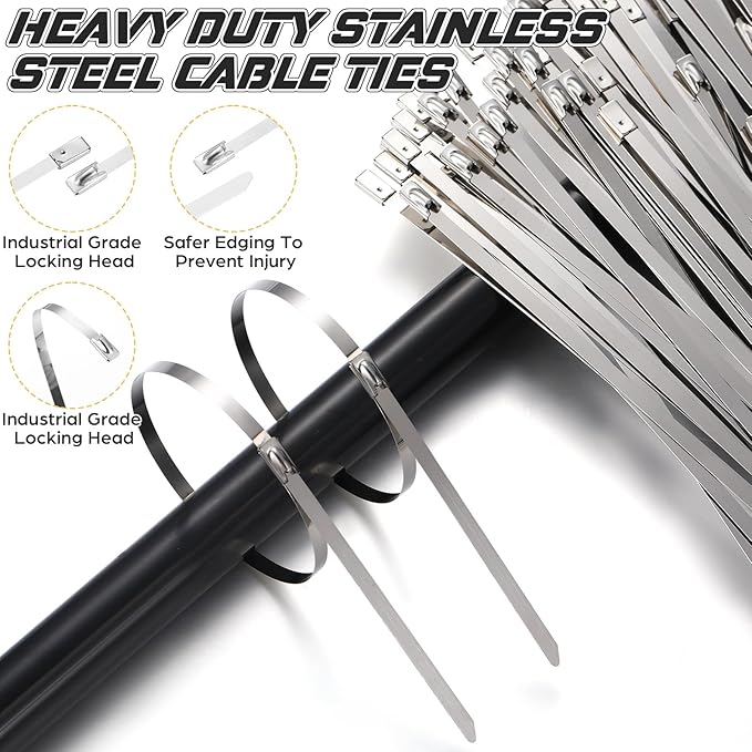 305 Pack Stainless Steel Cable Tie Gun Kit, 300 Pcs 11.8 Inch Metal Zip Ties, with Adjustable Fastening and Cutting Tools for Fence, Chain Link Fence, Pipe, Industrial Use