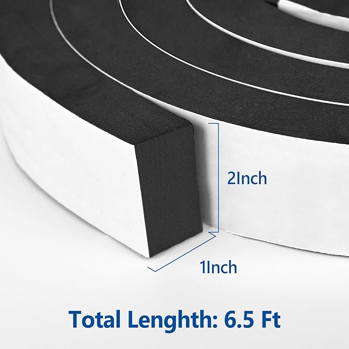 Kikerike Self Adhesive Foam Tape Weatherstrip 2In x 1In x 6.5Ft High Density Foam Insulation Strips Foam Seal Weather Stripping with Strong Adhesive for Door and Window Sound Isolation Soundproofing