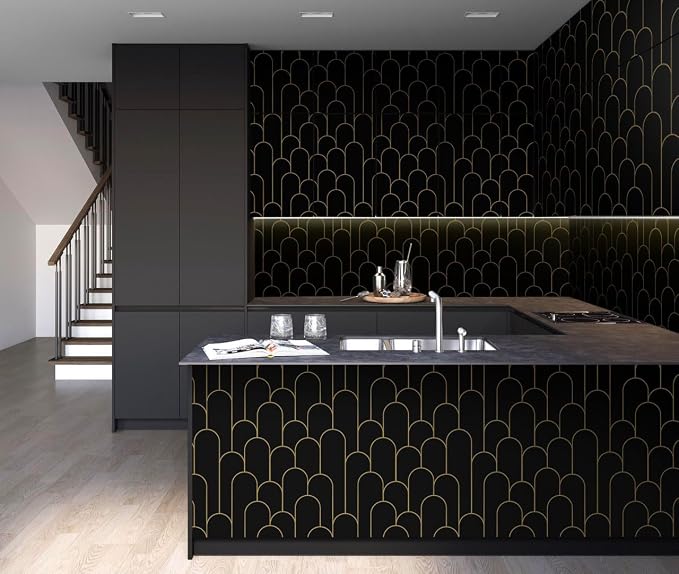 Yasinet Black and Gold Wallpaper Black Geometric Contact Paper Modern Stripe Removable Self Adhesive Wall Paper Decorative for Wall Bedroom Vinyl Film 17.3”x197”