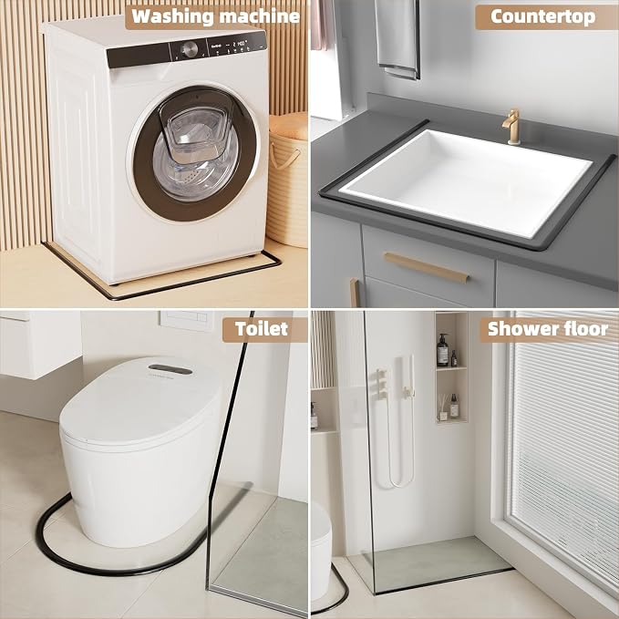 118” Black Shower Threshold Water Dam Stopper for Dry and Wet Separation,Self Adhesive Collapsible Walk in Shower Splash Guard Seal Strip, Silicone Sink Edge Water Barrier for Bathroom and Kitchen