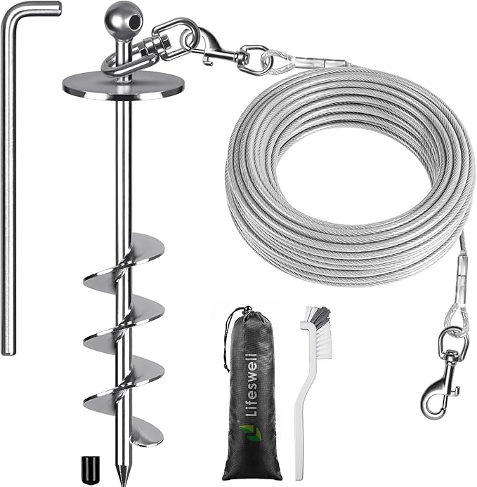 Dog Tie-Out Cable and Stake – 50ft Chew-Proof Stainless Steel Cable, 16-Inch Heavy-Duty Dog Anchor for Dogs Up to 200lbs, No Tangle, Dog Runner for Yard and Camping
