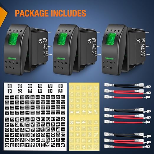 Nilight 3 Pack Rocker Switch with Night Glow DIY Stickers On Off 5 PIN SPST LED Light Switches with Green Backlit 12V/24V Toggle for Cars Trucks RVs Boats Auto Motorcycles