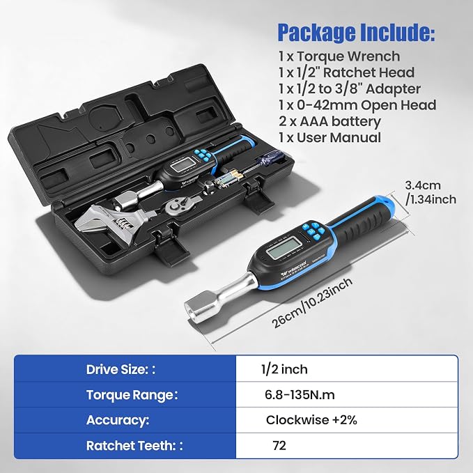 Digital Torque Wrench, 5-99.6 ft.lb/6.8-135 N.m | HVAC Torque Wrench with 42mm Jaw, 1/2 Drive Ratchet 3/8 Adapter ±2% Accuracy, Vibration Buzzer, LED Indicator for Split AC