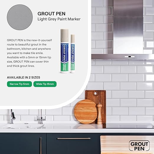 Grout Pen Light Grey Tile Paint Marker: Waterproof Grout Paint, Tile Grout Colorant and Sealer Pen - Narrow 5mm, 2 Pack with Extra Tips (7mL) - Light Grey