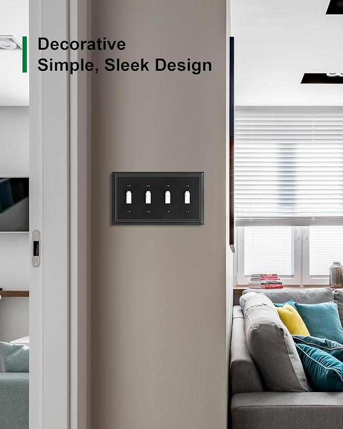 2-Pack Quad Toggle Light Switch Cover Plate, Black Decorative Switch Plate Covers, Natural Bamboo Fiber 4 Gang Wall Plate for Toggle Switch and Rotary Dimmer Switch