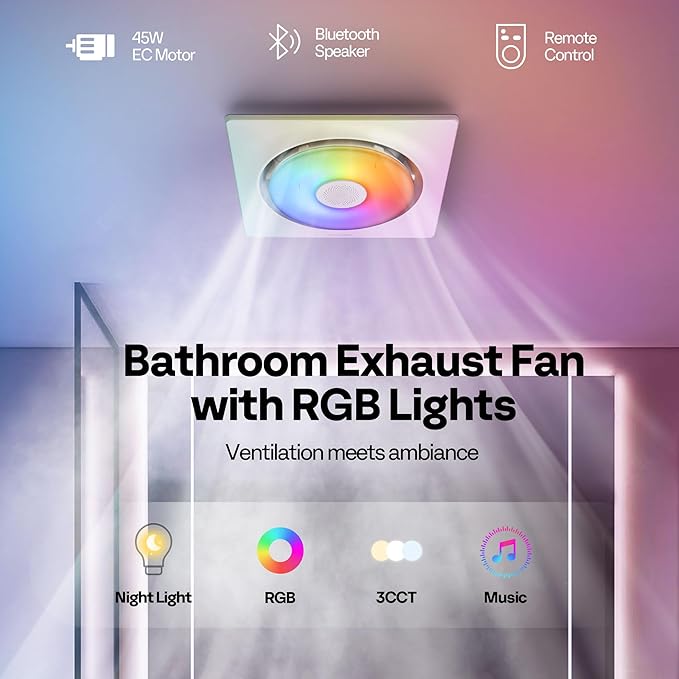 VIVOHOME Bathroom Exhaust Fan with RGB Light & Humidity Sensor (160-110-50CFM) & Bluetooth Speaker - 2700K/4000K/5700K LED Light, EC Motor Retrofit Bath Fan, No Attic Access Needed