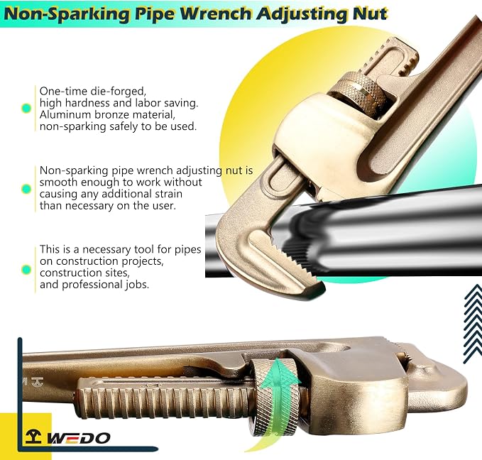 WEDO Pipe Wrench 30 * 250mm,Non-Sparking Pipe Wrench,Spark-Free Straight Plumbing Wrench,Aluminum Bronze