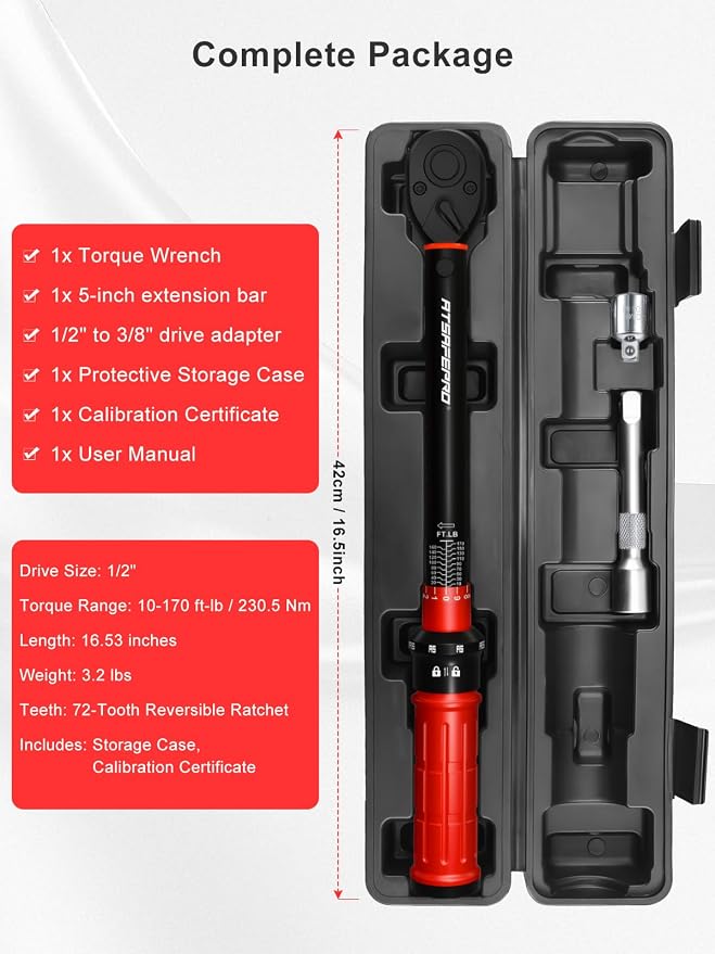 1/2 Inch Drive Click Torque Wrench, 10-170 ft.lb/13.60-230.5Nm, ±3% High Precision, Dual-Direction Adjustable 72 Tooth Click Torque Wrench 1/2 Drive for Motorcycle, Car Lug Nut Maintenance