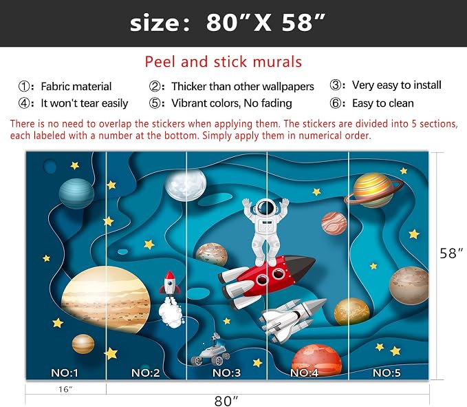 YIHWM-Peel and Stick Cartoon Planet Wallpaper Outerspace Astronaut Mural | Tear-resistant,with a substantial feel;Will not be damaged during repositioning.Boy's Room,kids room wallpaper.S-80"x58"