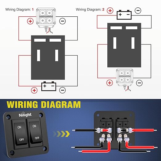 Nilight 2 Gang ON-Off Switch Panel 4 PIN DPST Toggle Switches 12V 20A Black Anodized Aluminium Shell Bracket with Screws Ternimals Jumper Wires Set for Cars Trailers Boats RV Camper
